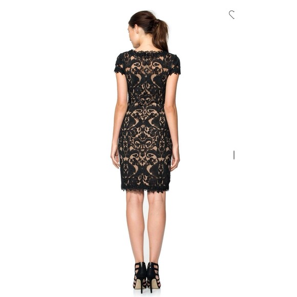 Tadashi Shoji Size 12  Black Lace Cocktail Dress Cap Sleeve Embroidered Tulle - Picture 4 of 14